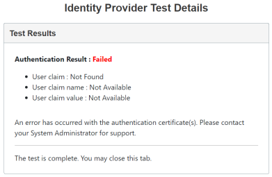 The Identity Provider Test Details screen displays the authentication result as failed in red text. The details are listed below in black text.